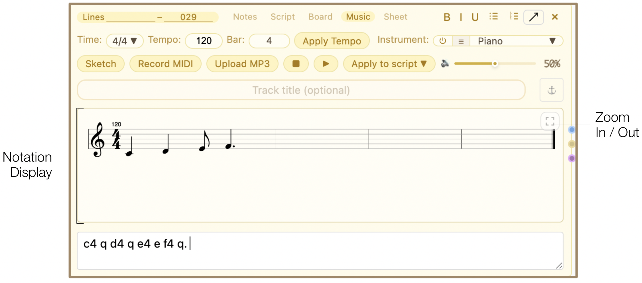 Notation Display rendering typed music instructions as engraved sheet music